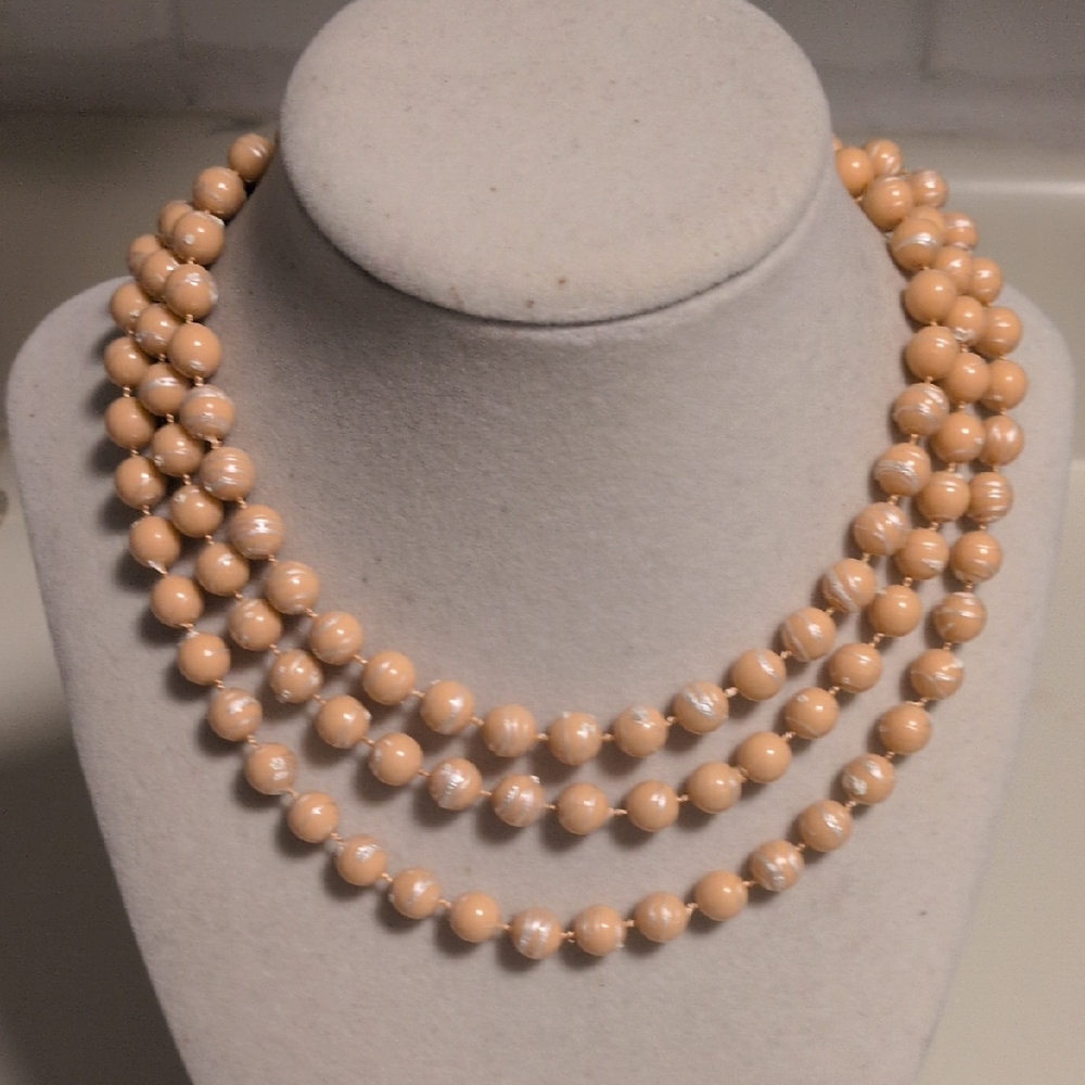 Chic Peach And Silver Striped Beaded Costume‎ Necklace 46"